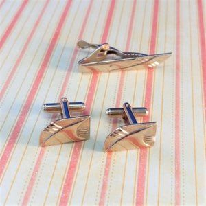 Men's 3PC Cuff link and Tie Clip Set Gold Tone